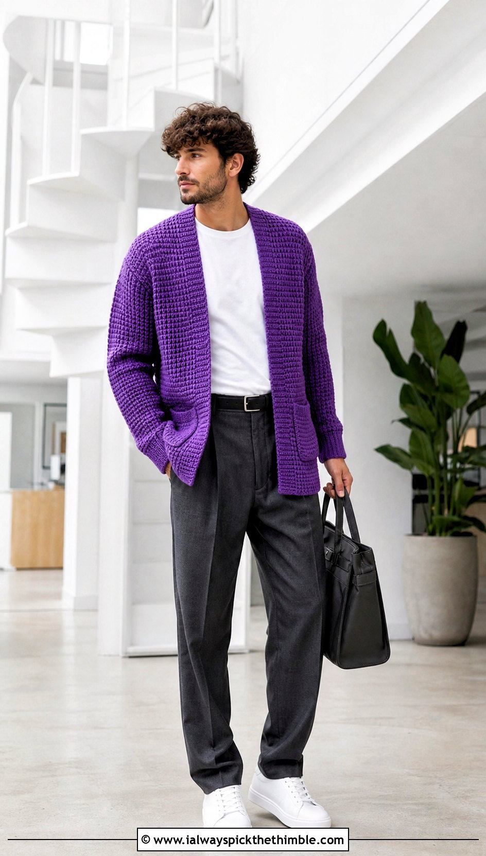 Tunisian Full Stitch Cardigan With Pleated Trousers - 15 Tunisian Crochet Mens Sweater outfit ideas