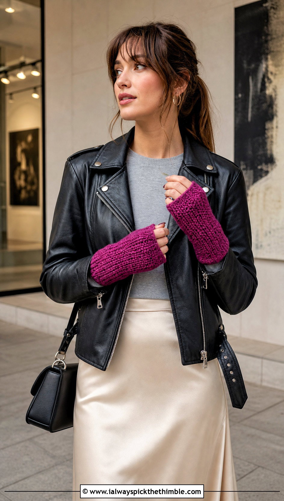 Tunisian Full Stitch Fingerless Gloves With Leather Jacket - 20 tunisian crochet fingerless gloves outfit ideas