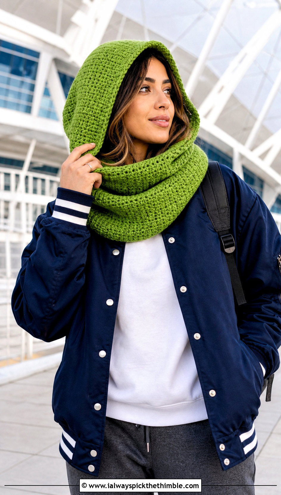 Tunisian Full Stitch Hooded Cowl With Varsity Jacket - 15 Tunisian Crochet Hooded Cowl outfit ideas