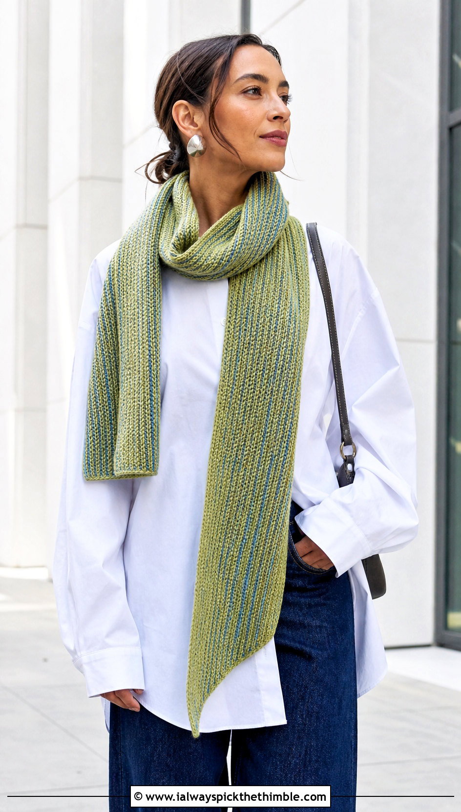 Tunisian Full Stitch Scarf With White Shirt And Wide Jeans - 25 tunisian crochet scarf outfit ideas