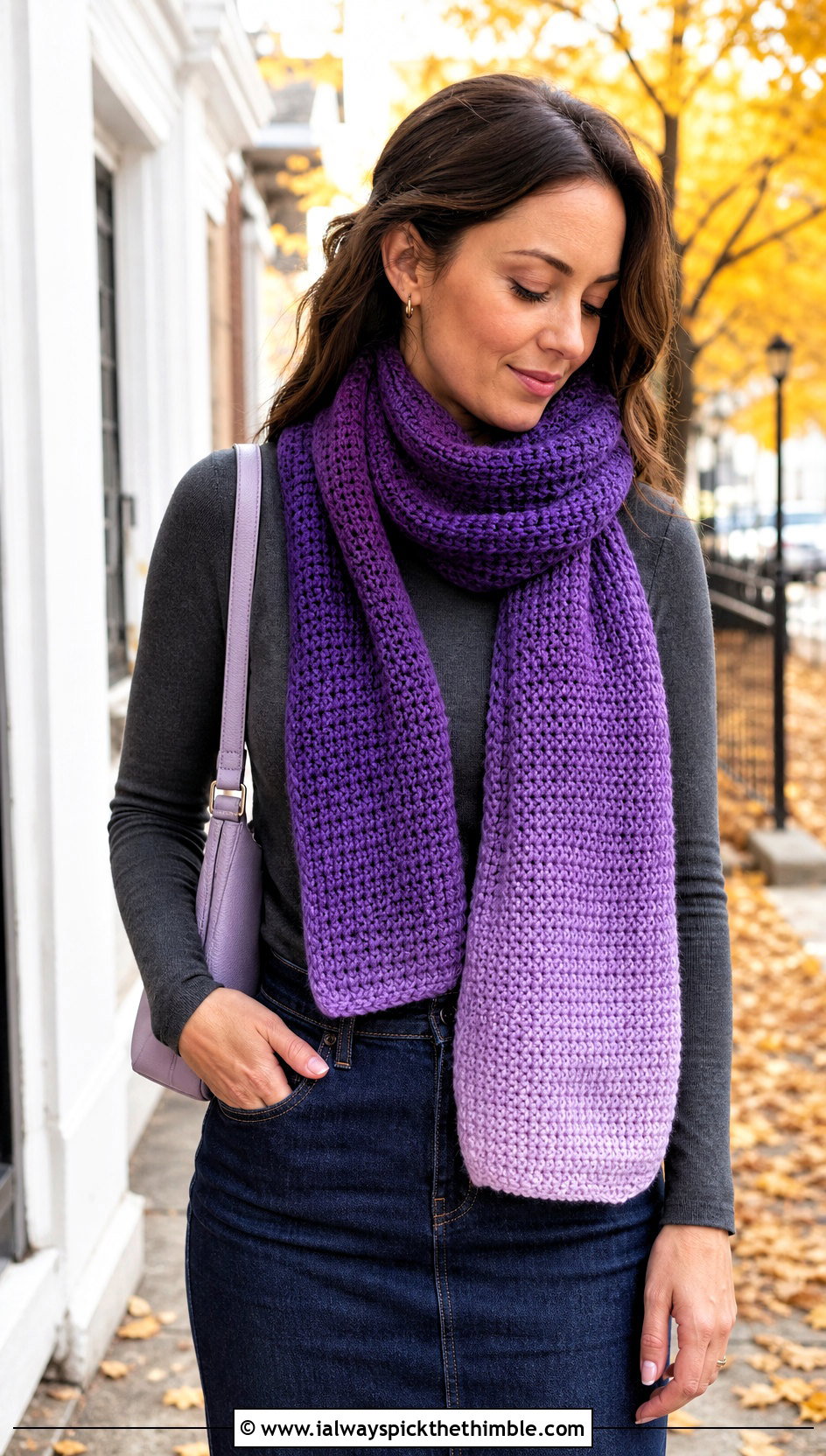 Tunisian Gradient Crochet Scarf With Denim Midi Skirt - 20 gradient crochet scarf outfit ideas