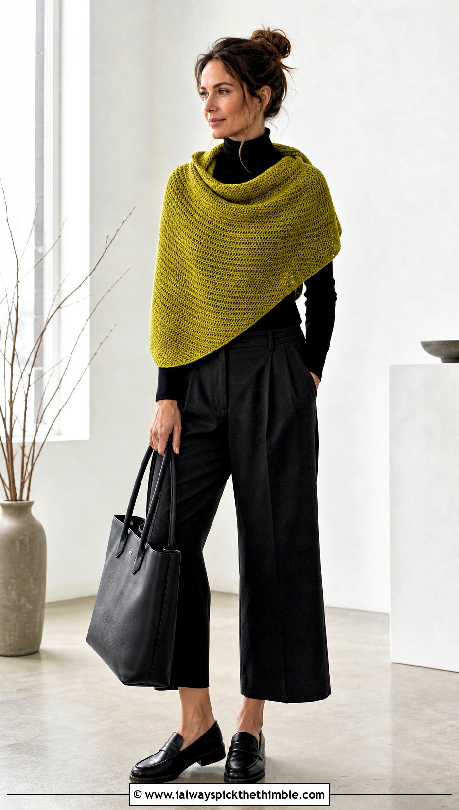 Tunisian Half Moon Crochet Shawl With Turtleneck And Culottes - 20 Half Moon Crochet Shawl outfit ideas