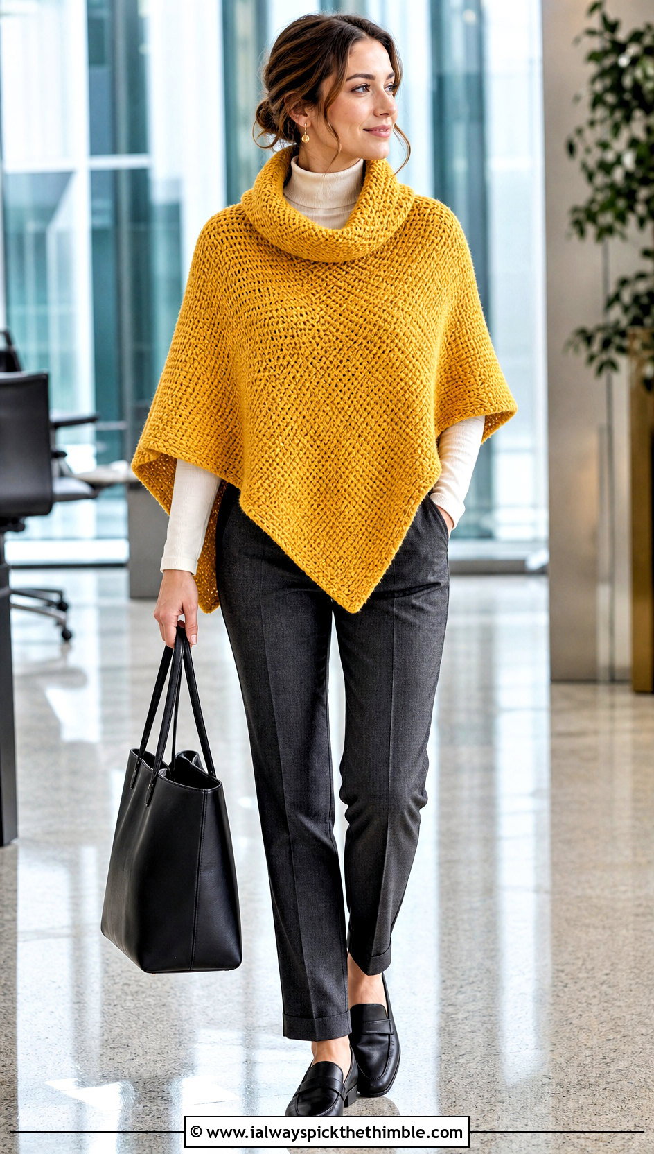 Tunisian Honeycomb Cowl Neck Poncho With Tailored Trousers - 20 tunisian crochet poncho outfit ideas