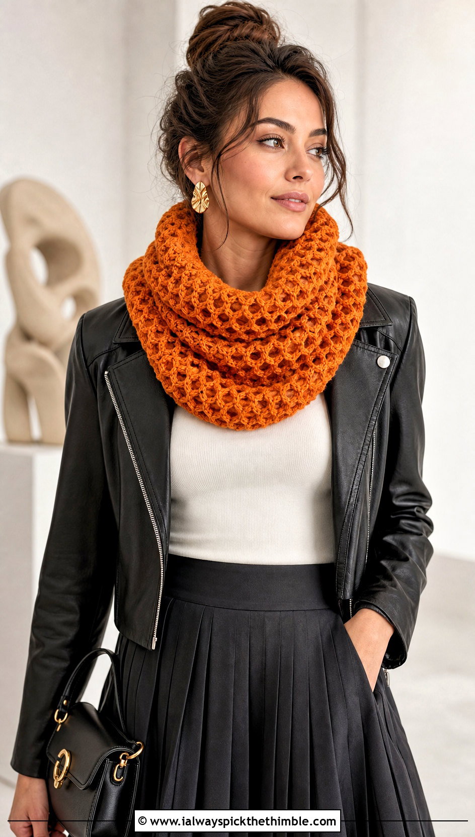 Tunisian Honeycomb Cowl With Leather Jacket - 15 Tunisian Crochet Cowl outfit ideas