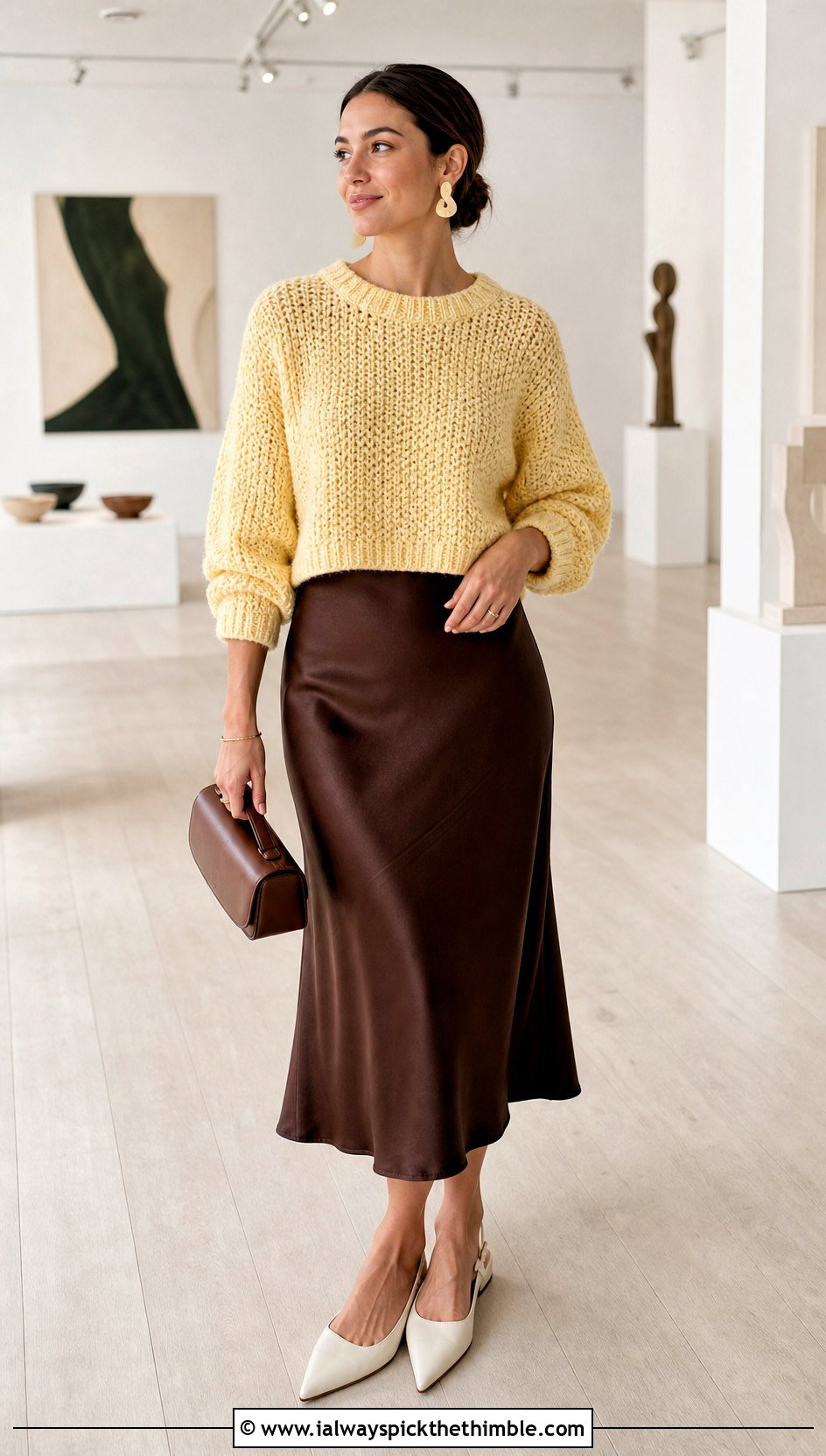 Tunisian Honeycomb Cropped Pullover With Satin Midi Skirt - 20 Tunisian Crochet Pullover outfit ideas
