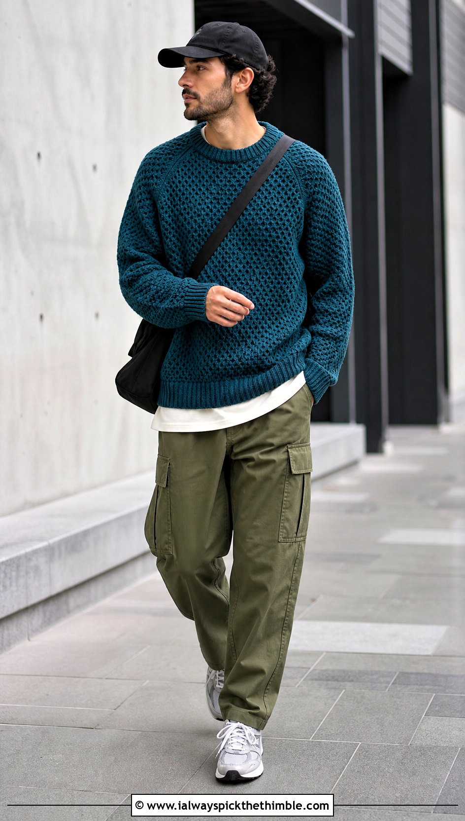Tunisian Honeycomb Raglan Sweater With Cargo Pants - 15 Tunisian Crochet Mens Sweater outfit ideas