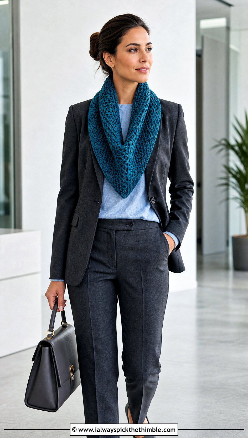 Tunisian Honeycomb Scarf With Blazer And Trousers - 20 Easy Tunisian Crochet Scarf outfit ideas