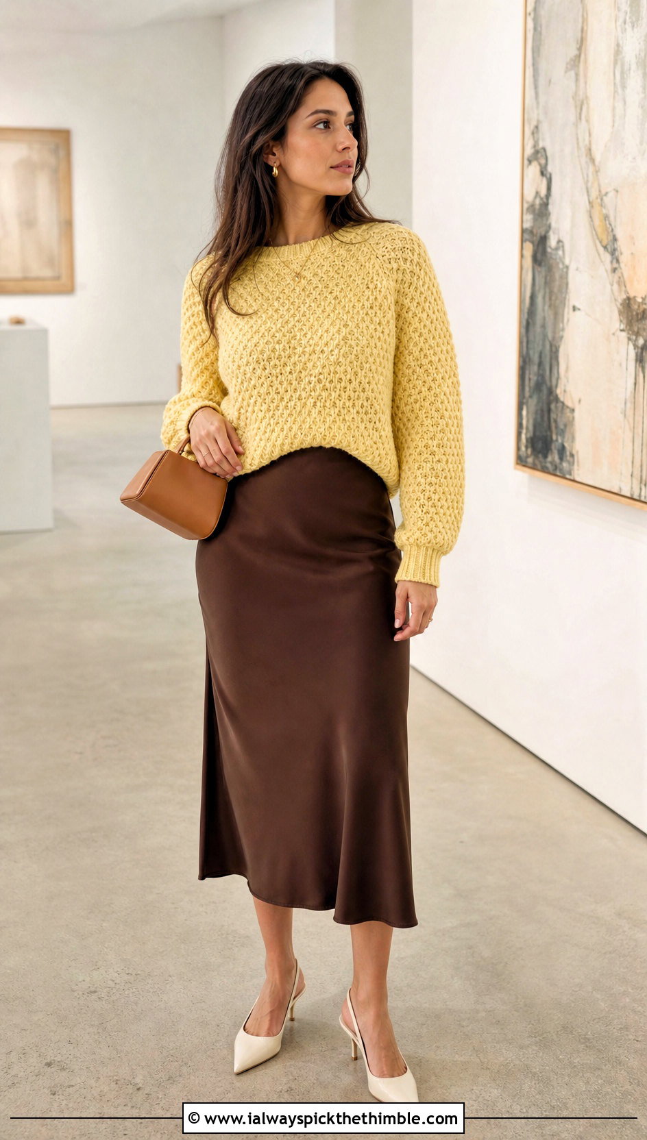 Tunisian Honeycomb Sweater With Satin Midi Skirt - 25 tunisian crochet sweater outfit ideas