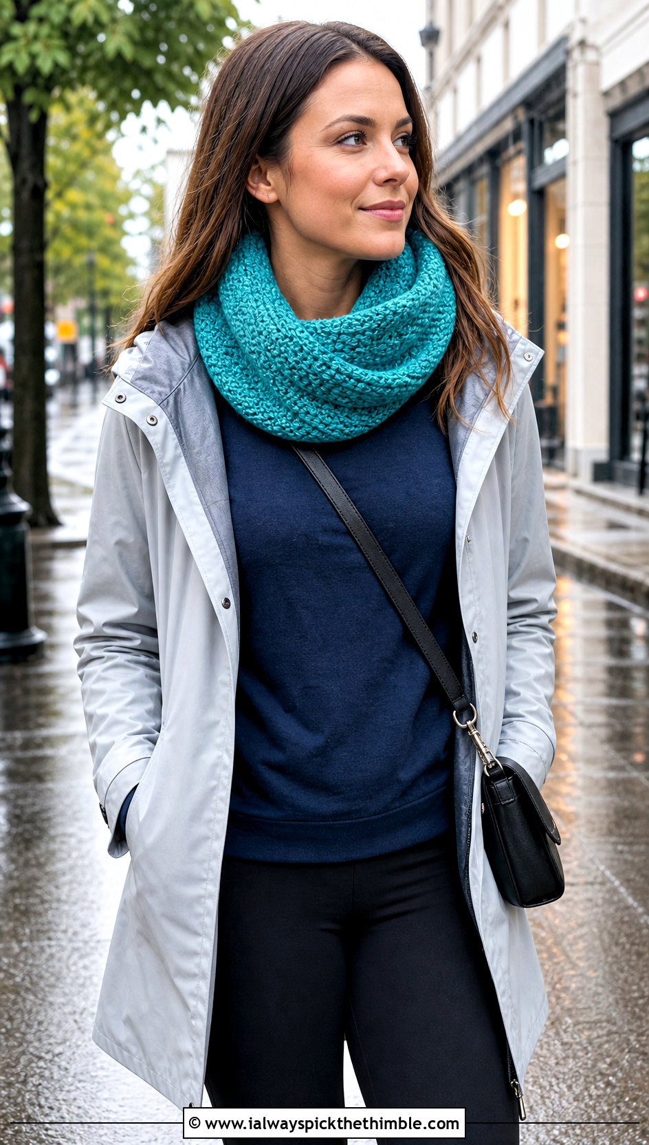 Tunisian Hooded Infinity Scarf With Raincoat And Leggings - 15 Tunisian Crochet Infinity Scarf outfit ideas