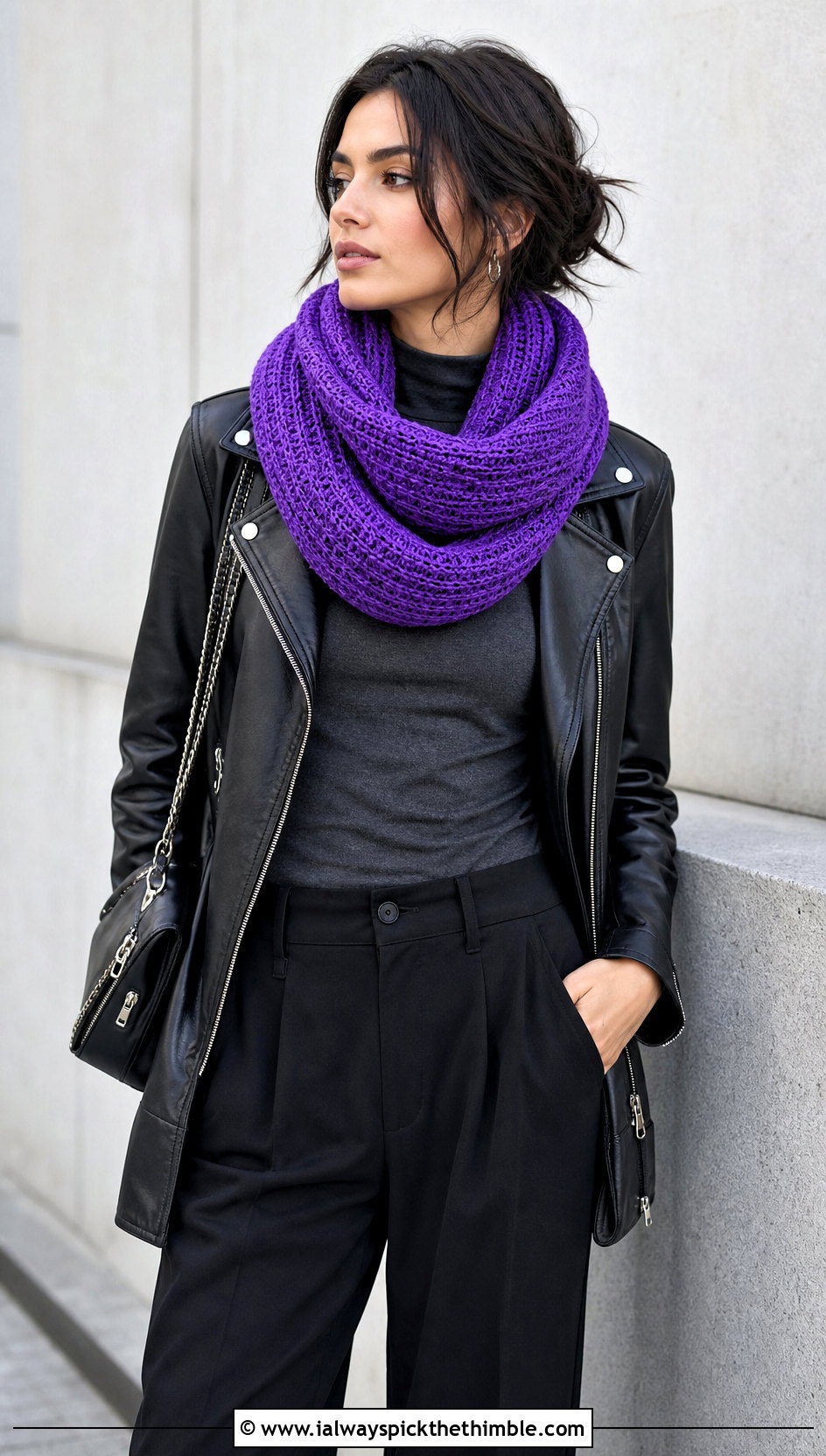 Tunisian Infinity Crochet Scarf With Leather Jacket - 15 Infinity Crochet Scarf outfit ideas