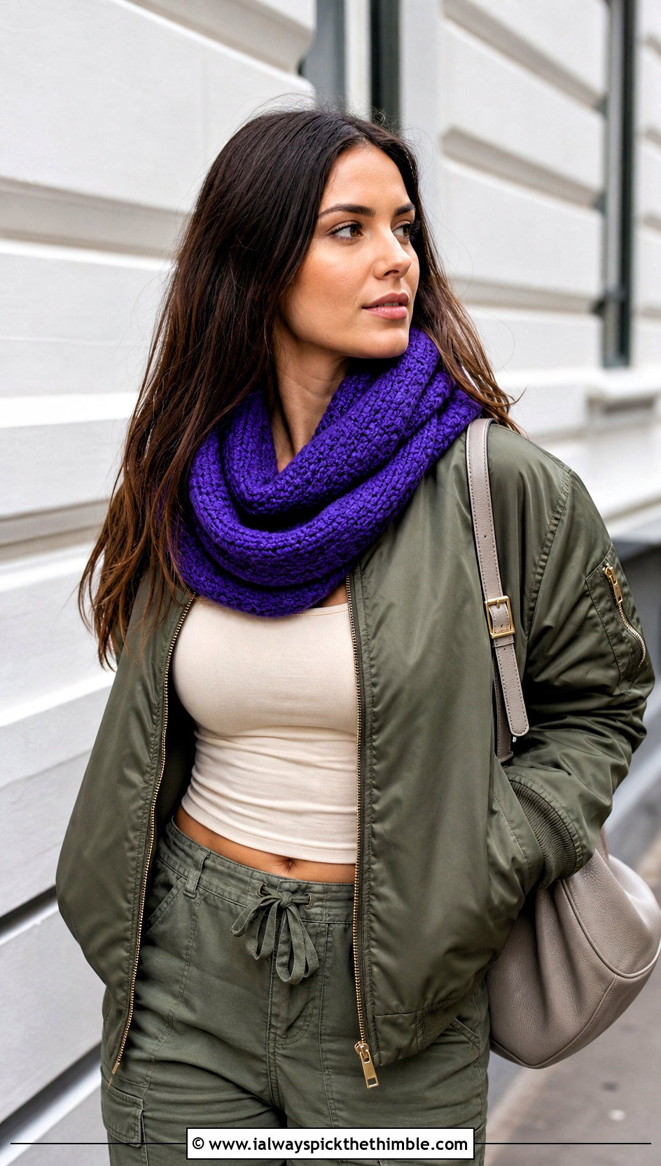 Tunisian Infinity Scarf With Bomber Jacket And Cargo Pants - 25 tunisian crochet scarf outfit ideas
