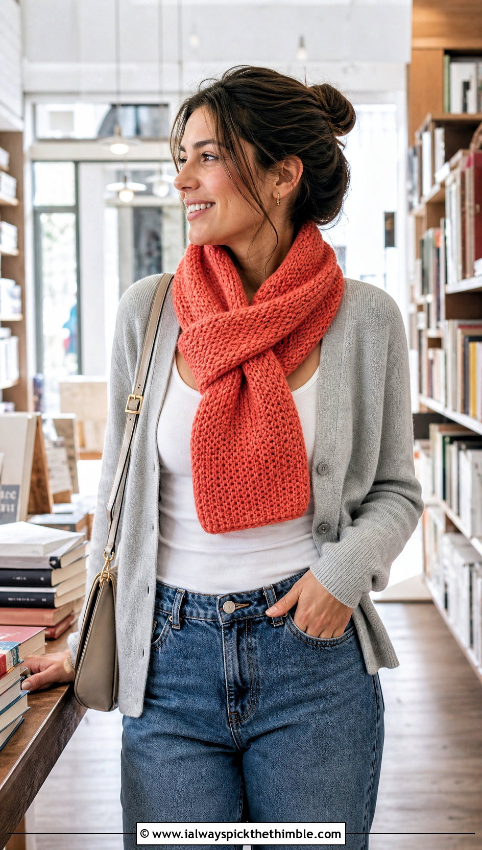 Tunisian Keyhole Scarf With Cardigan And Jeans - 20 Easy Tunisian Crochet Scarf outfit ideas
