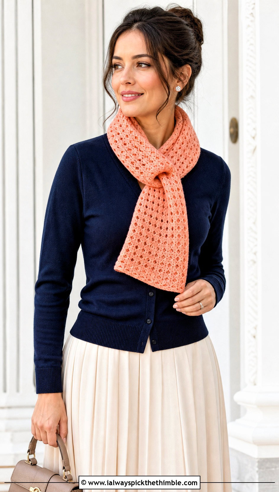 Tunisian Keyhole Scarf With Cardigan And Pleated Skirt - 25 tunisian crochet scarf outfit ideas