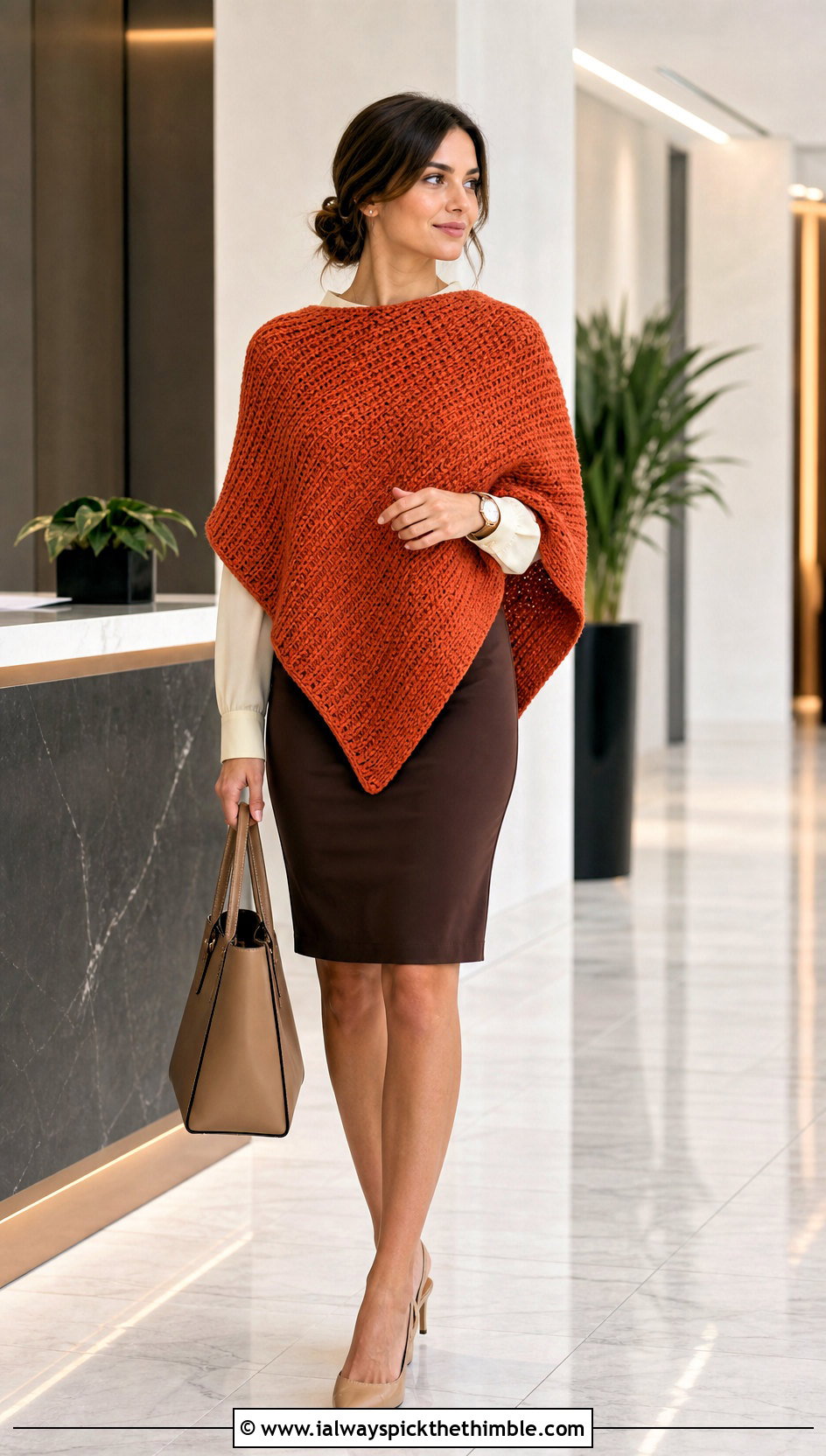 Tunisian Knit Look Rectangle Crochet Poncho With Pencil Skirt - 15 Easy Crochet Poncho From A Rectangle outfit ideas