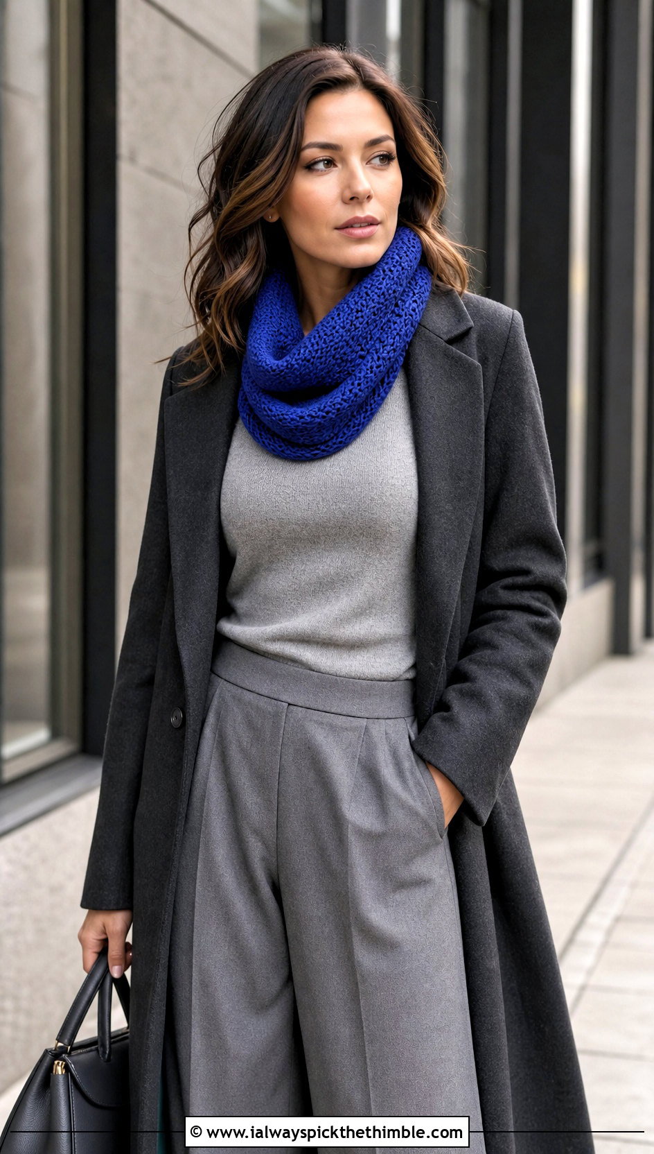 Tunisian Knit Stitch Cowl With Tailored Coat - 15 Tunisian Crochet Cowl outfit ideas