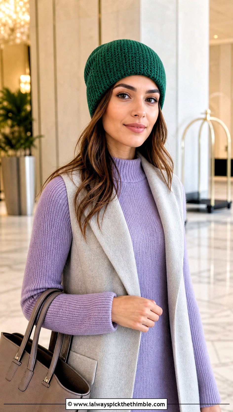 Tunisian Knit Stitch Crochet Beanie With Sweater Dress - 20 knit look crochet beanie outfit ideas