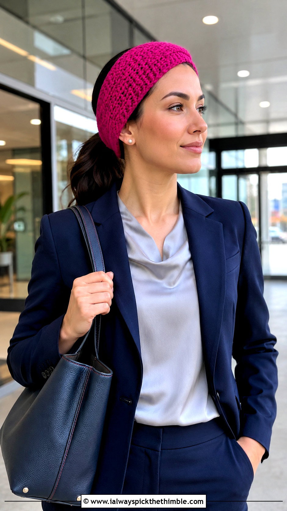 Tunisian Knit Stitch Crochet Headband With Office Suit - 25 crochet winter headband outfit ideas