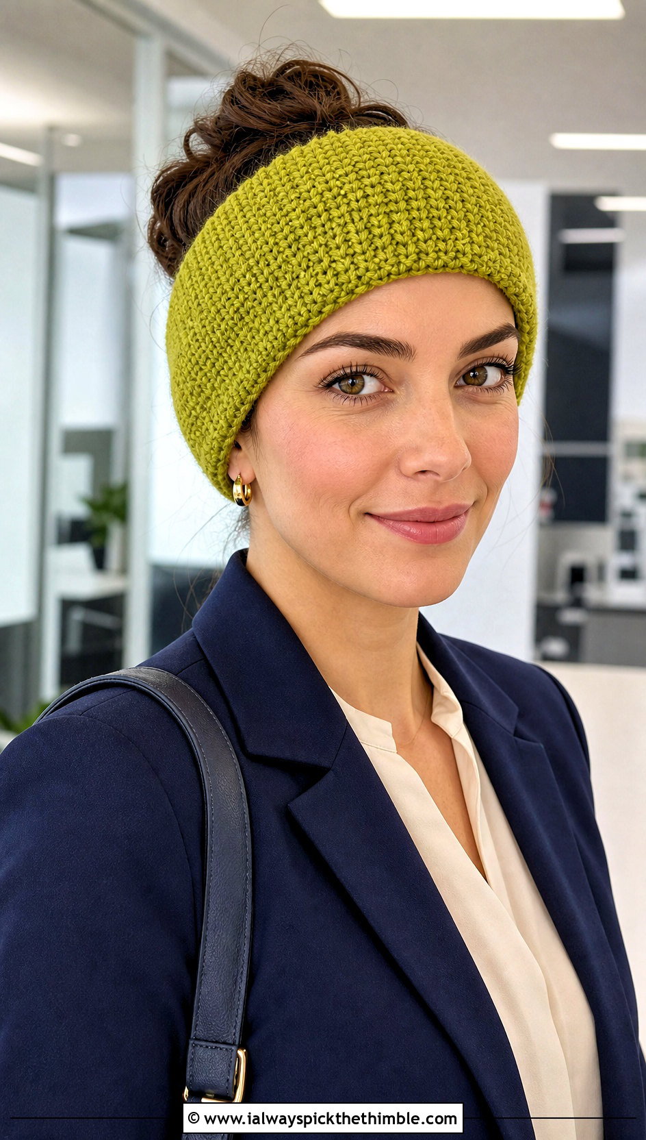 Tunisian Knit Stitch Crochet Headband With Office Suit - 20 Easy Crochet Winter Headband outfit ideas