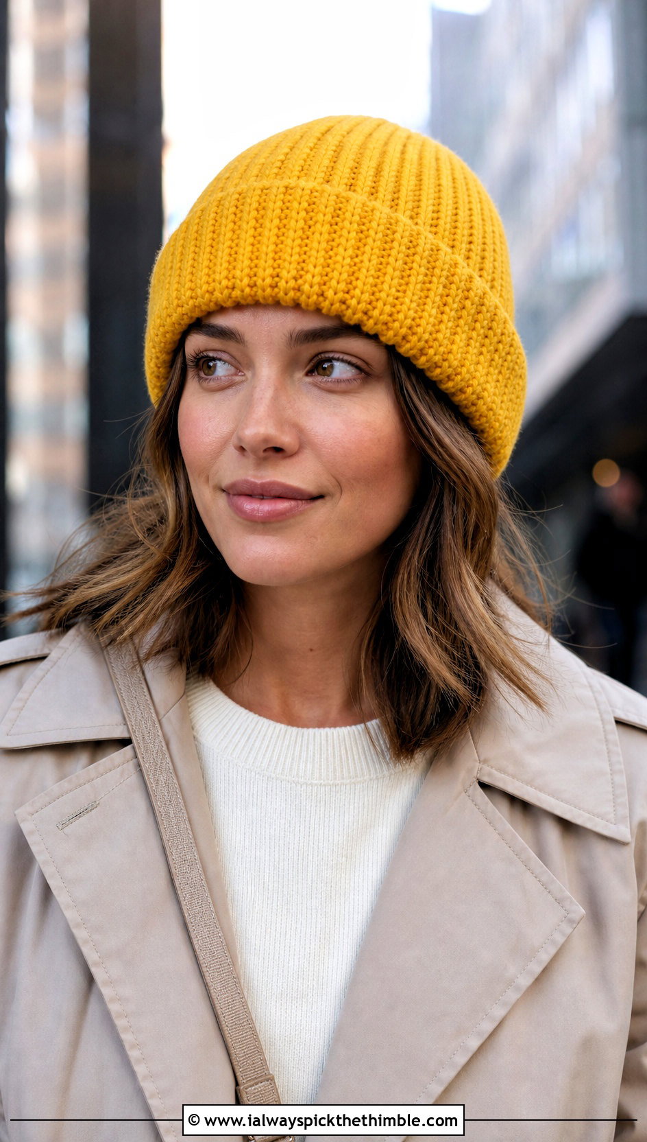Tunisian Knit Stitch Cuffed Beanie With Trench Coat - 25 tunisian crochet beanie outfit ideas