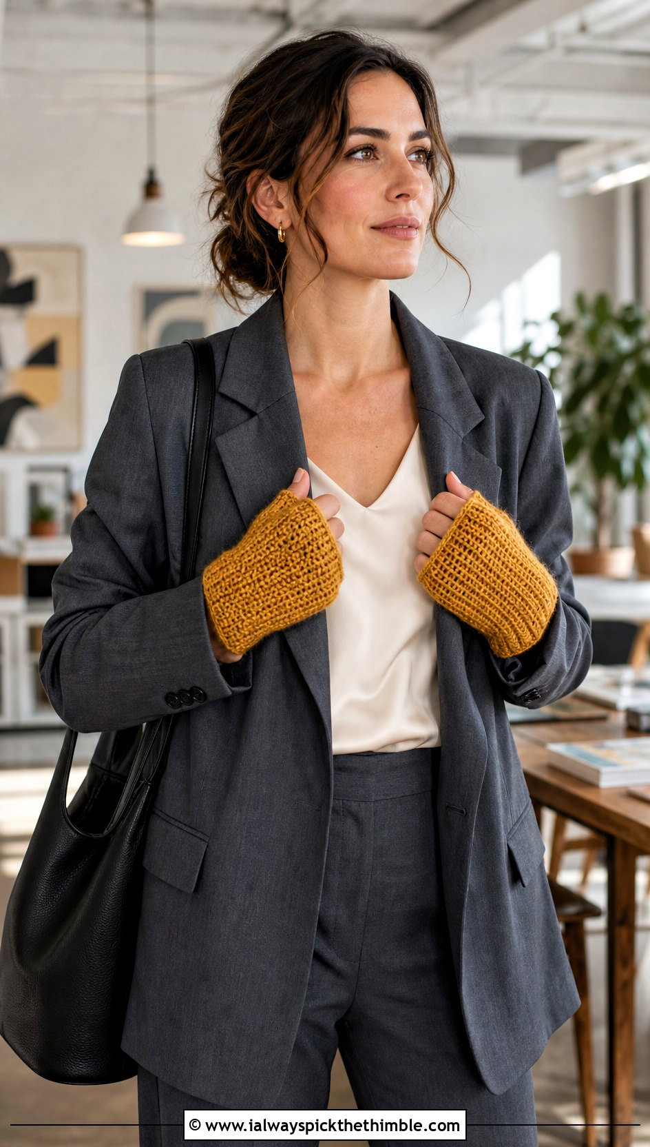 Tunisian Knit Stitch Fingerless Gloves With Tailored Suit - 20 tunisian crochet fingerless gloves outfit ideas