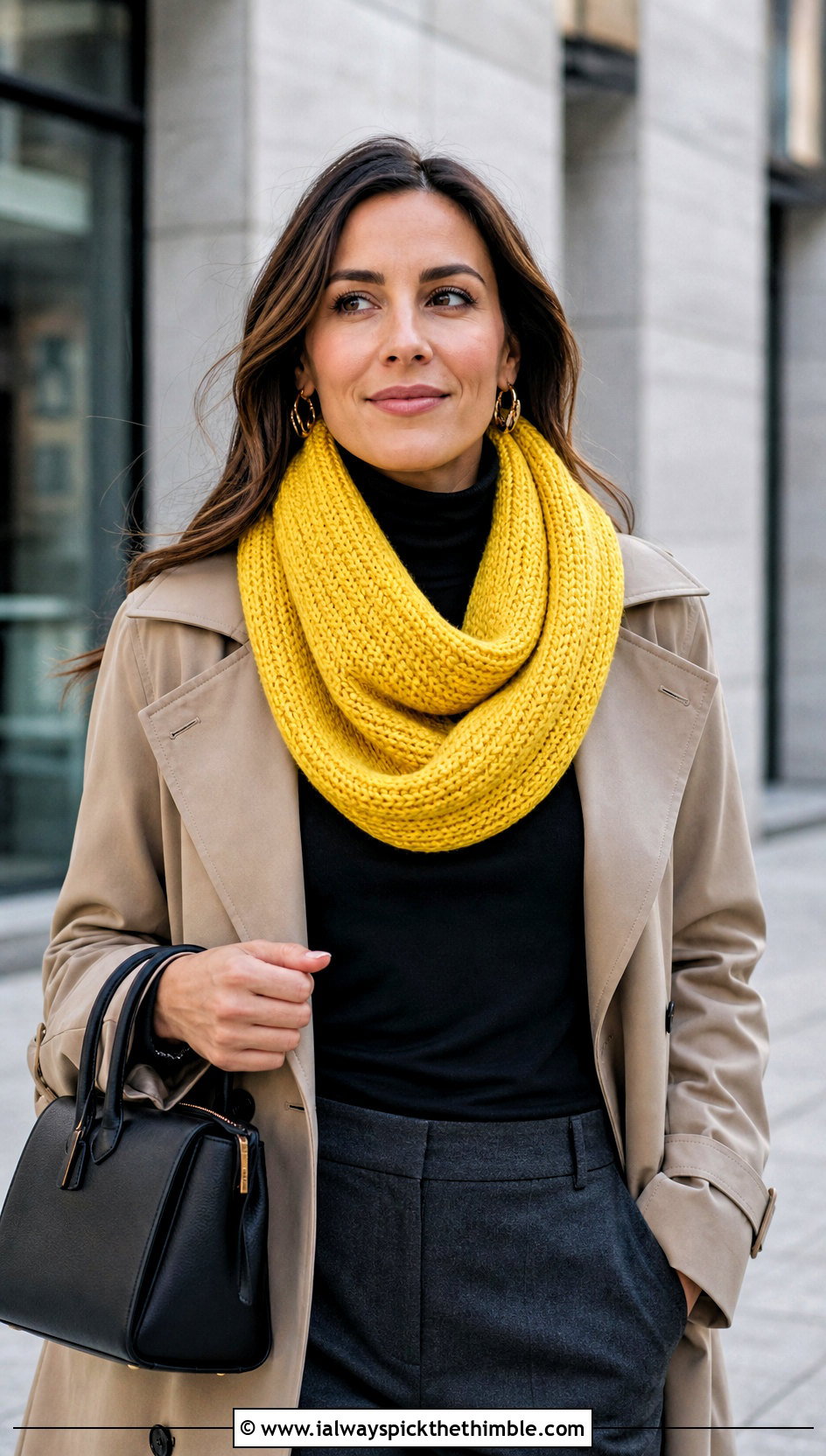 Tunisian Knit Stitch Infinity Scarf With Trench Coat - 15 Tunisian Crochet Infinity Scarf outfit ideas