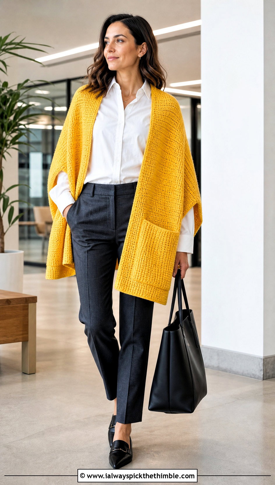 Tunisian Knit Stitch Pocket Shawl With Tailored Trousers - 15 Tunisian Crochet Pocket Shawl outfit ideas
