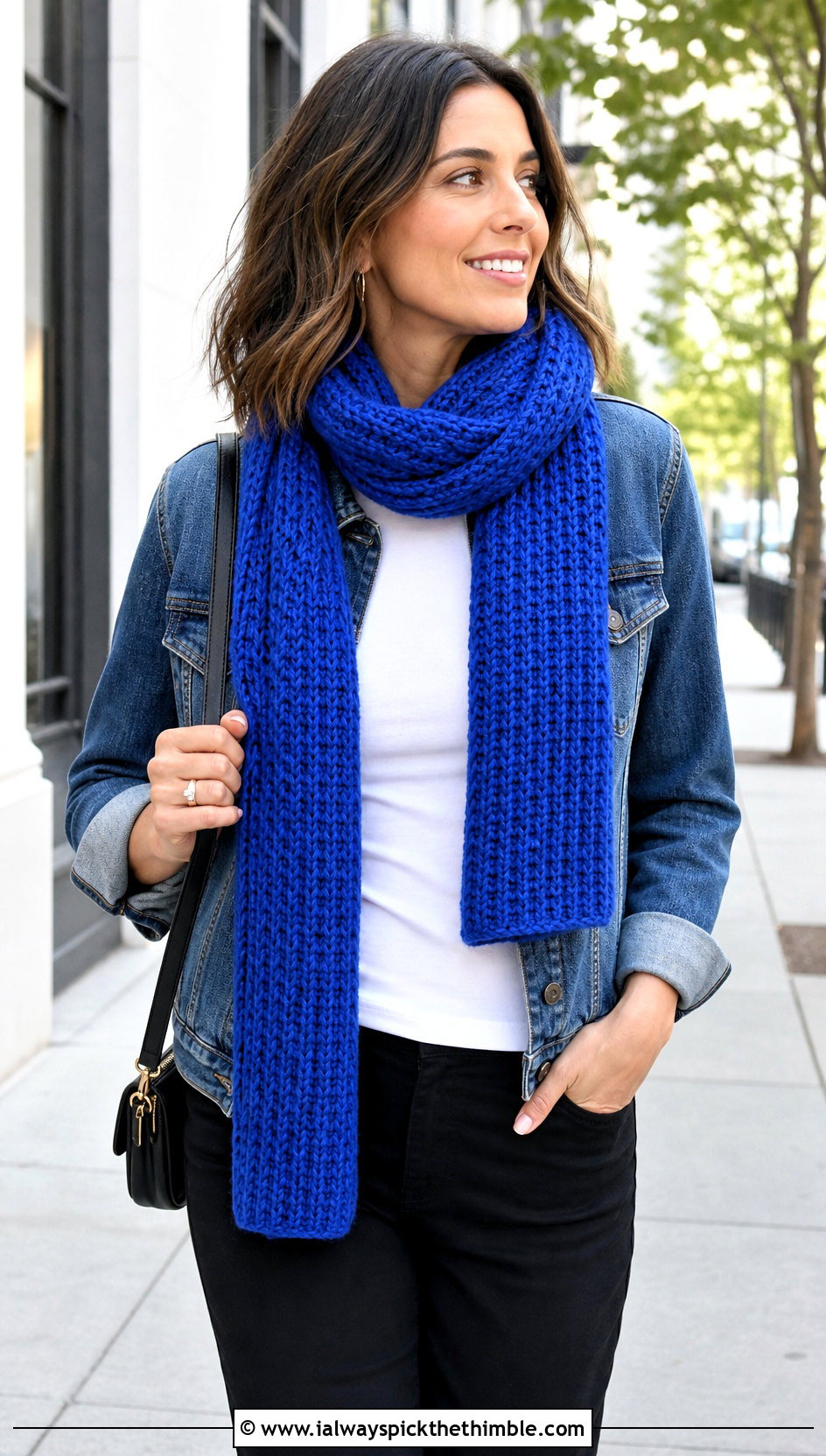 Tunisian Knit Stitch Scarf With Denim Jacket - 20 Easy Tunisian Crochet Scarf outfit ideas