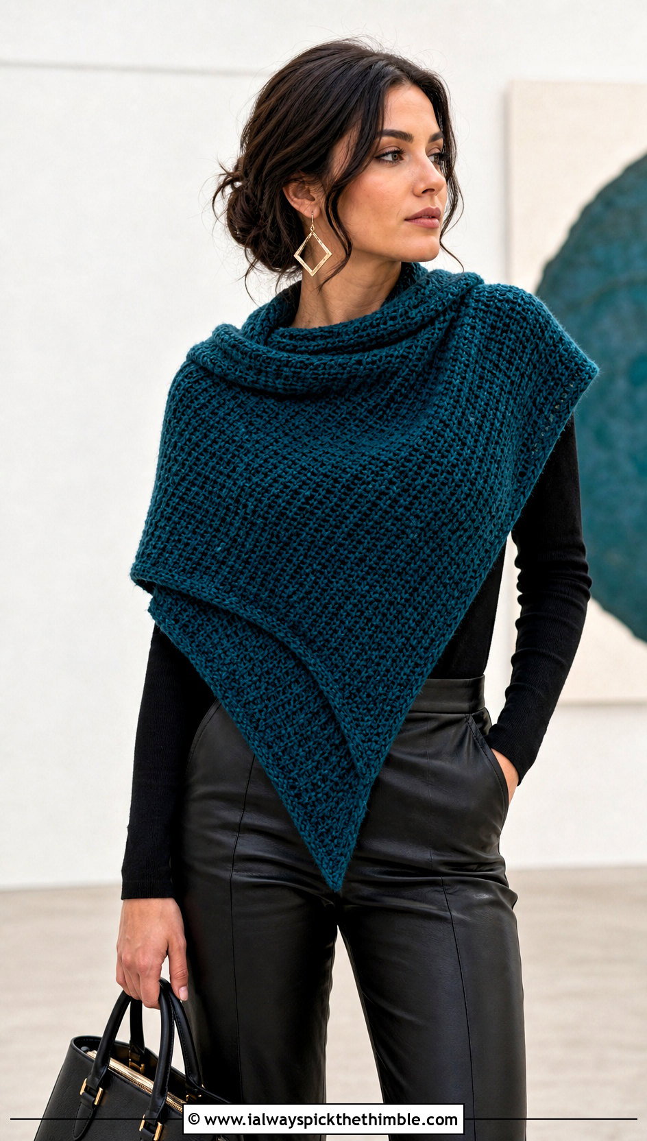 Tunisian Knit Stitch Triangle Shawl With Leather Pants - 20 Tunisian Crochet Triangle Shawl outfit ideas
