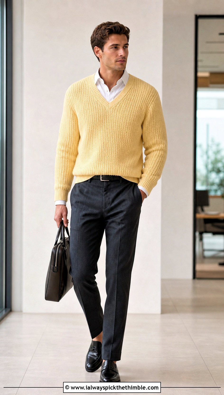 Tunisian Knit Stitch V Neck Sweater With Tailored Trousers - 15 Tunisian Crochet Mens Sweater outfit ideas