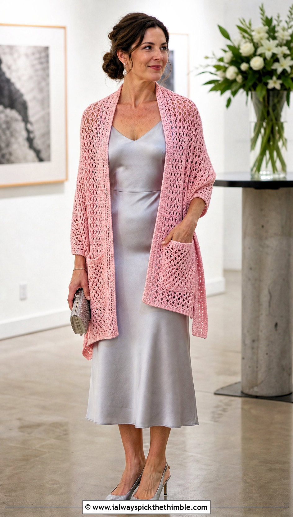 Tunisian Lace Pocket Shawl With Satin Midi Dress - 15 Tunisian Crochet Pocket Shawl outfit ideas