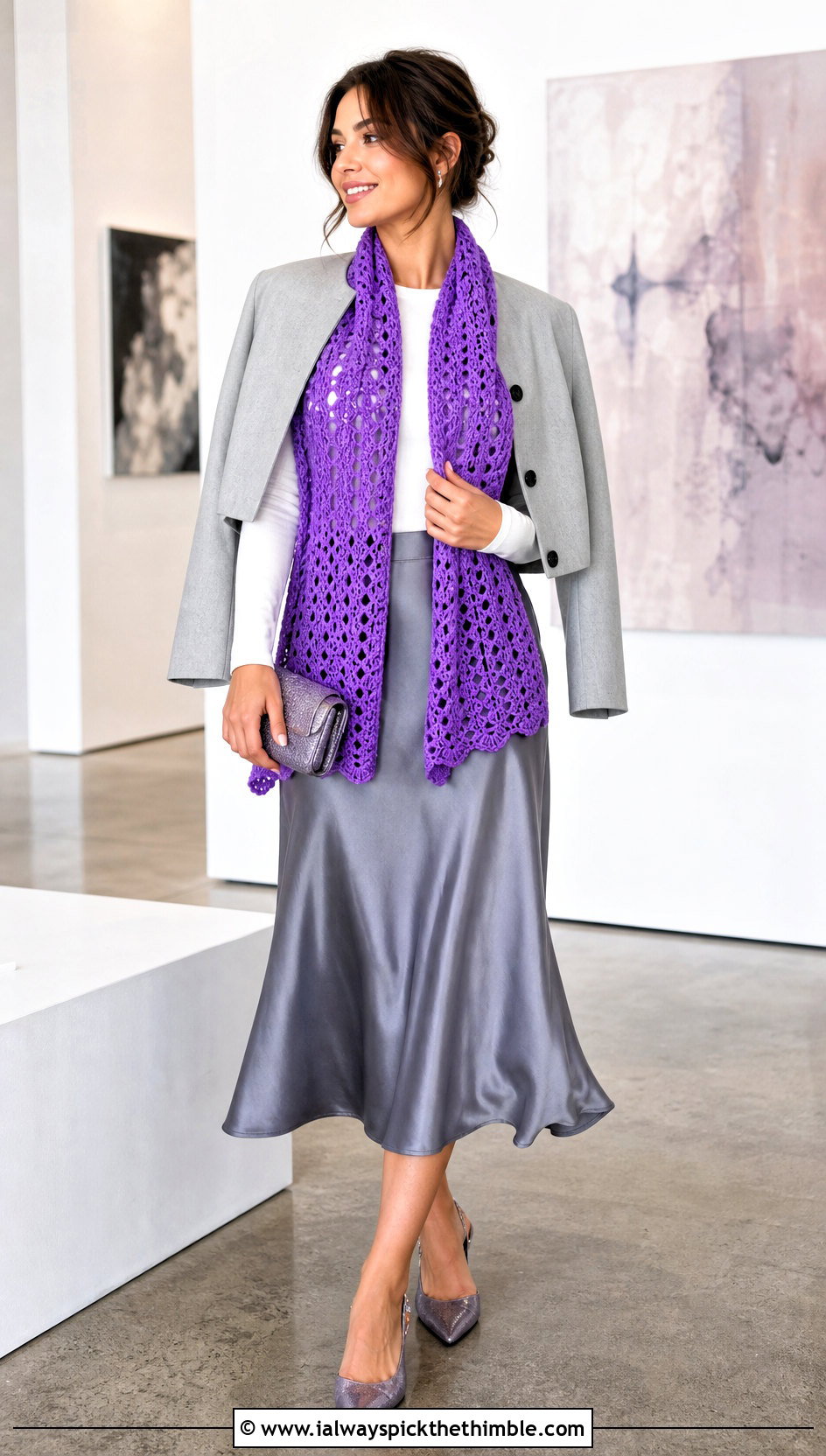 Tunisian Lace Scarf With Satin Midi Skirt - 20 Easy Tunisian Crochet Scarf outfit ideas