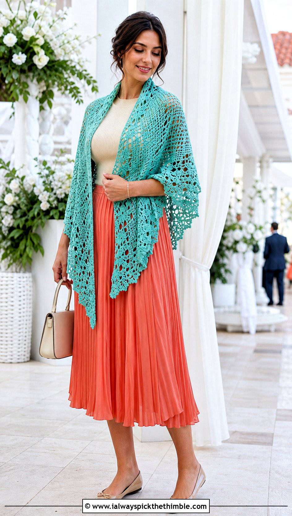 Tunisian Lace Shawl With Pleated Midi Skirt - 25 tunisian crochet shawl outfit ideas