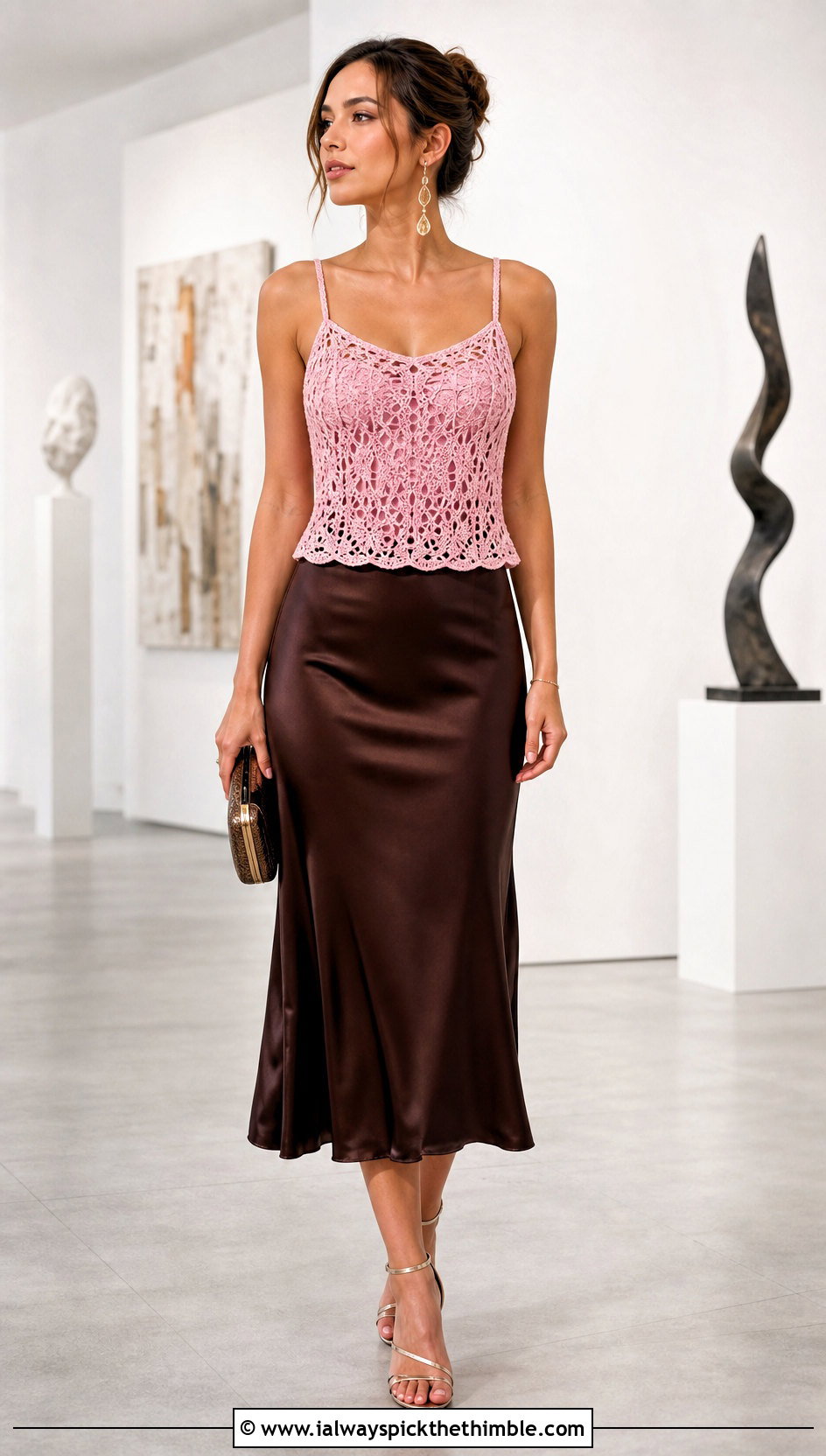 Tunisian Lace Stitch Camisole With Satin Midi Skirt - 20 tunisian crochet top outfit ideas