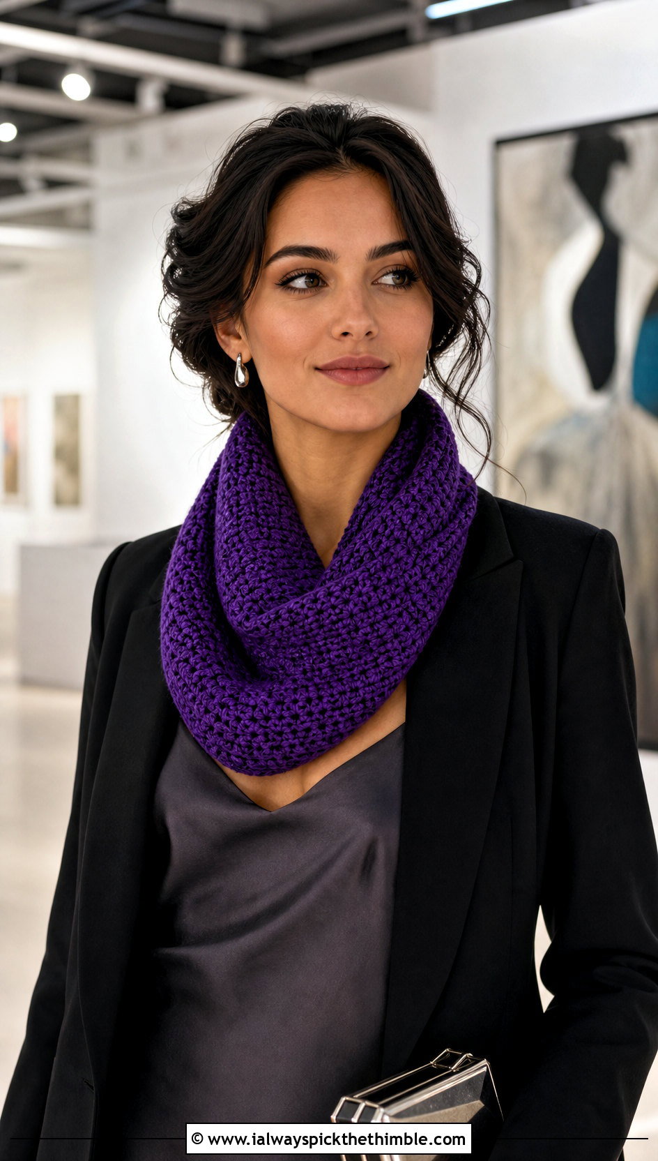 Tunisian Mbius Infinity Scarf With Slip Dress And Blazer - 15 Tunisian Crochet Infinity Scarf outfit ideas