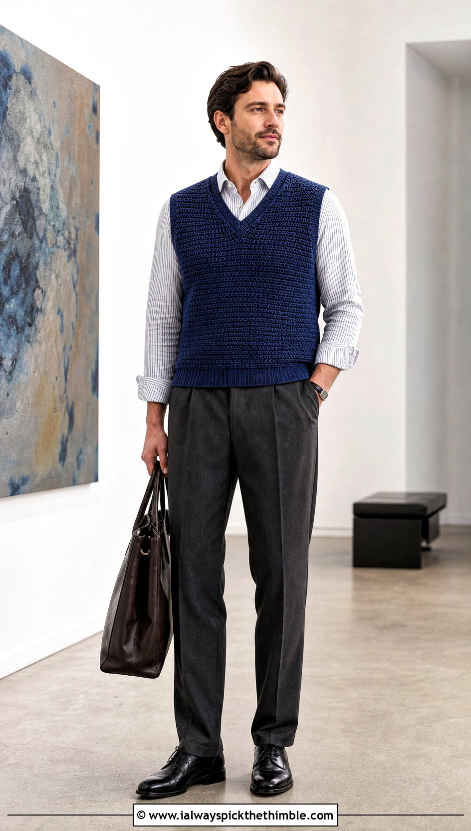 Tunisian Mens Crochet Vest With Pleated Trousers - 20 men's crochet vest outfit ideas