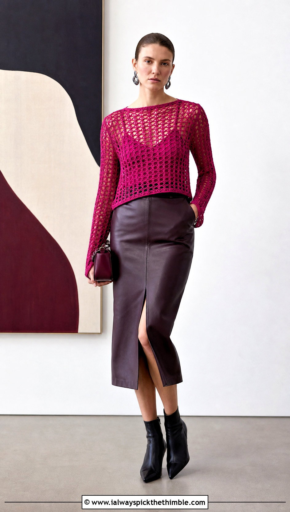Tunisian Mesh Shirt With Leather Midi Skirt - 20 Tunisian Crochet Shirt outfit ideas