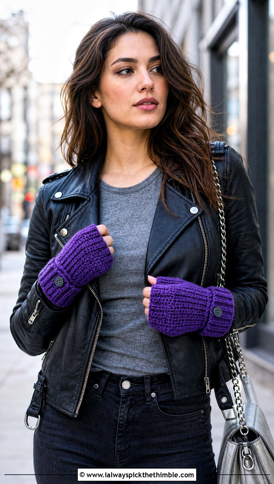 Tunisian Mitten Flap Crochet Gloves With Leather Jacket - 15 Convertible Crochet Fingerless Gloves outfit ideas