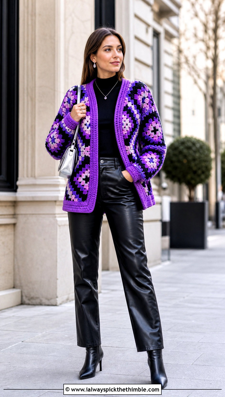 Tunisian Mosaic Cardigan With Leather Pants - 25 tunisian crochet cardigan outfit ideas