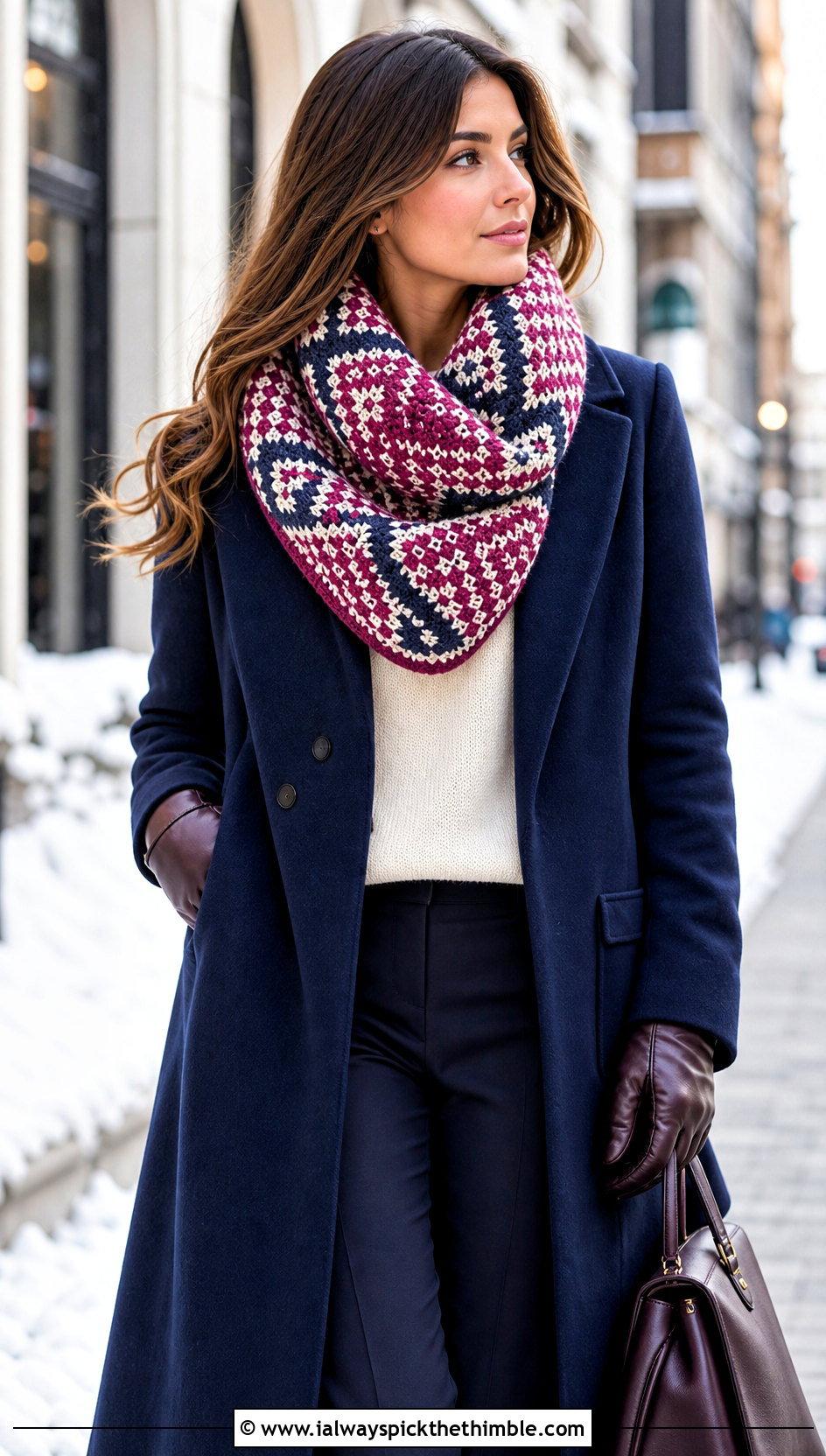 Tunisian Mosaic Infinity Scarf With Long Wool Coat - 15 Tunisian Crochet Infinity Scarf outfit ideas