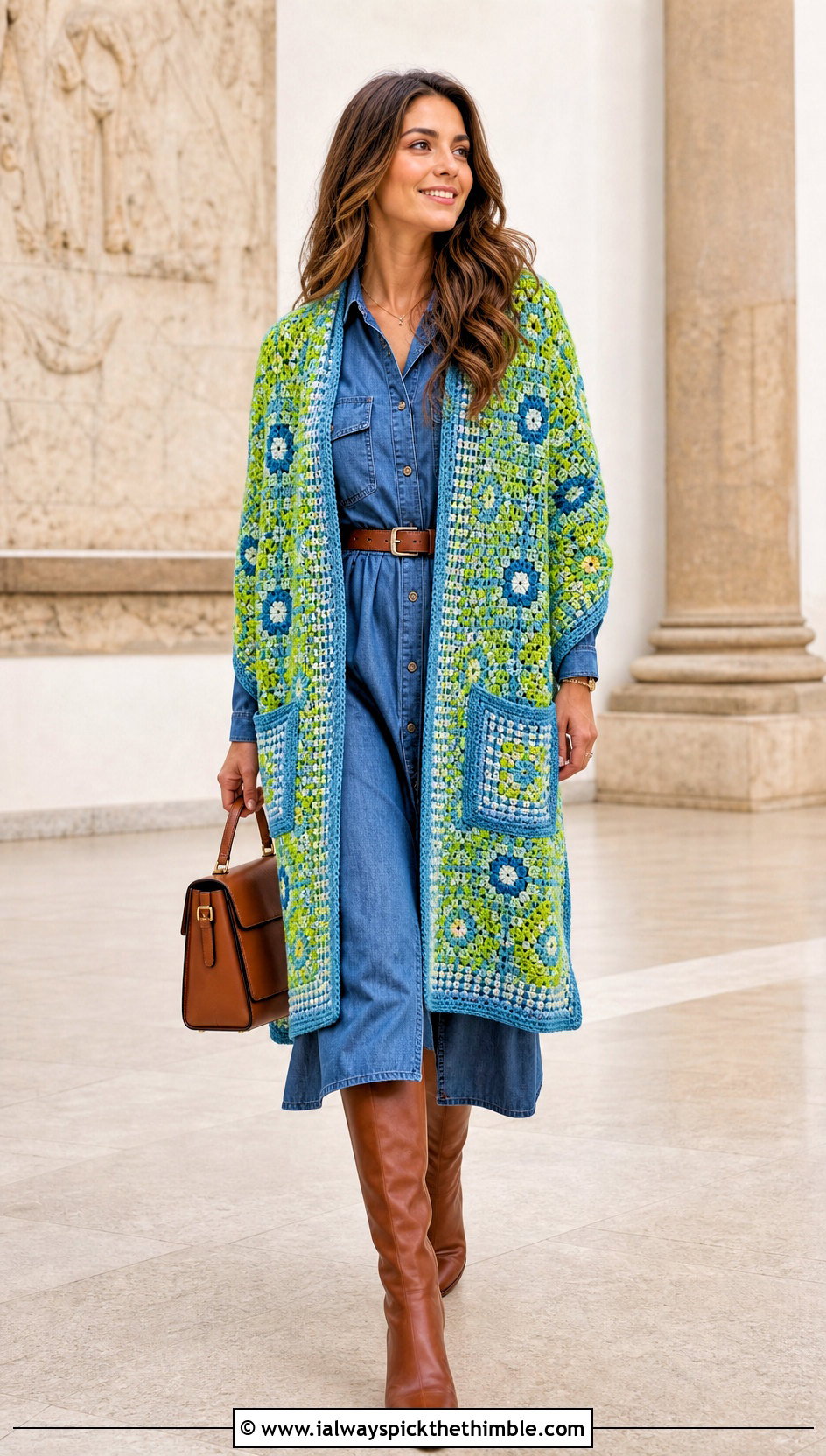 Tunisian Mosaic Pocket Shawl With Denim Shirt Dress - 15 Tunisian Crochet Pocket Shawl outfit ideas