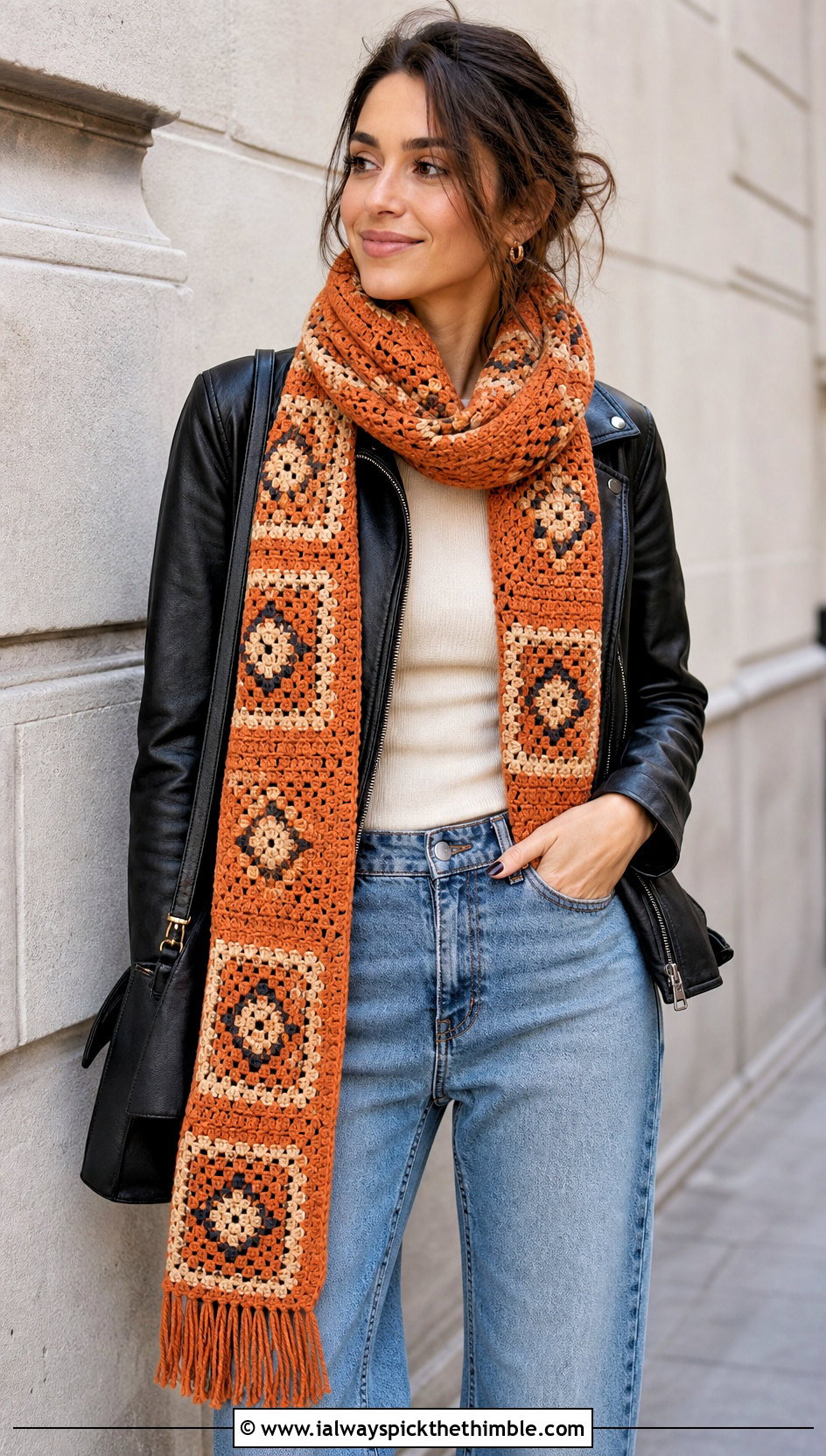 Tunisian Mosaic Scarf With Leather Jacket - 20 Easy Tunisian Crochet Scarf outfit ideas