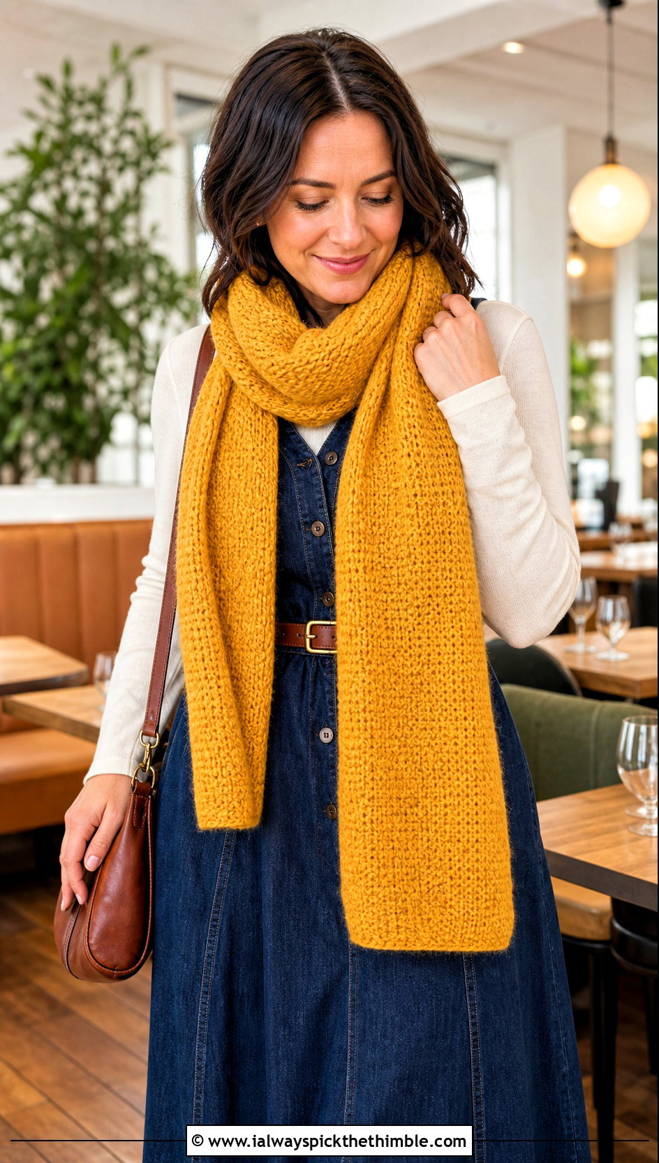 Tunisian Moss Stitch Scarf With Denim Midi Dress - 25 tunisian crochet scarf outfit ideas