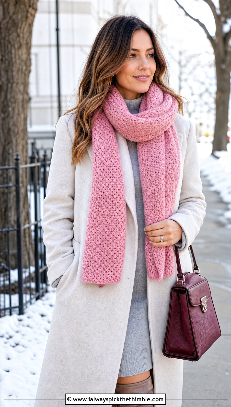 Tunisian Moss Stitch Scarf With Sweater Dress - 20 Easy Tunisian Crochet Scarf outfit ideas