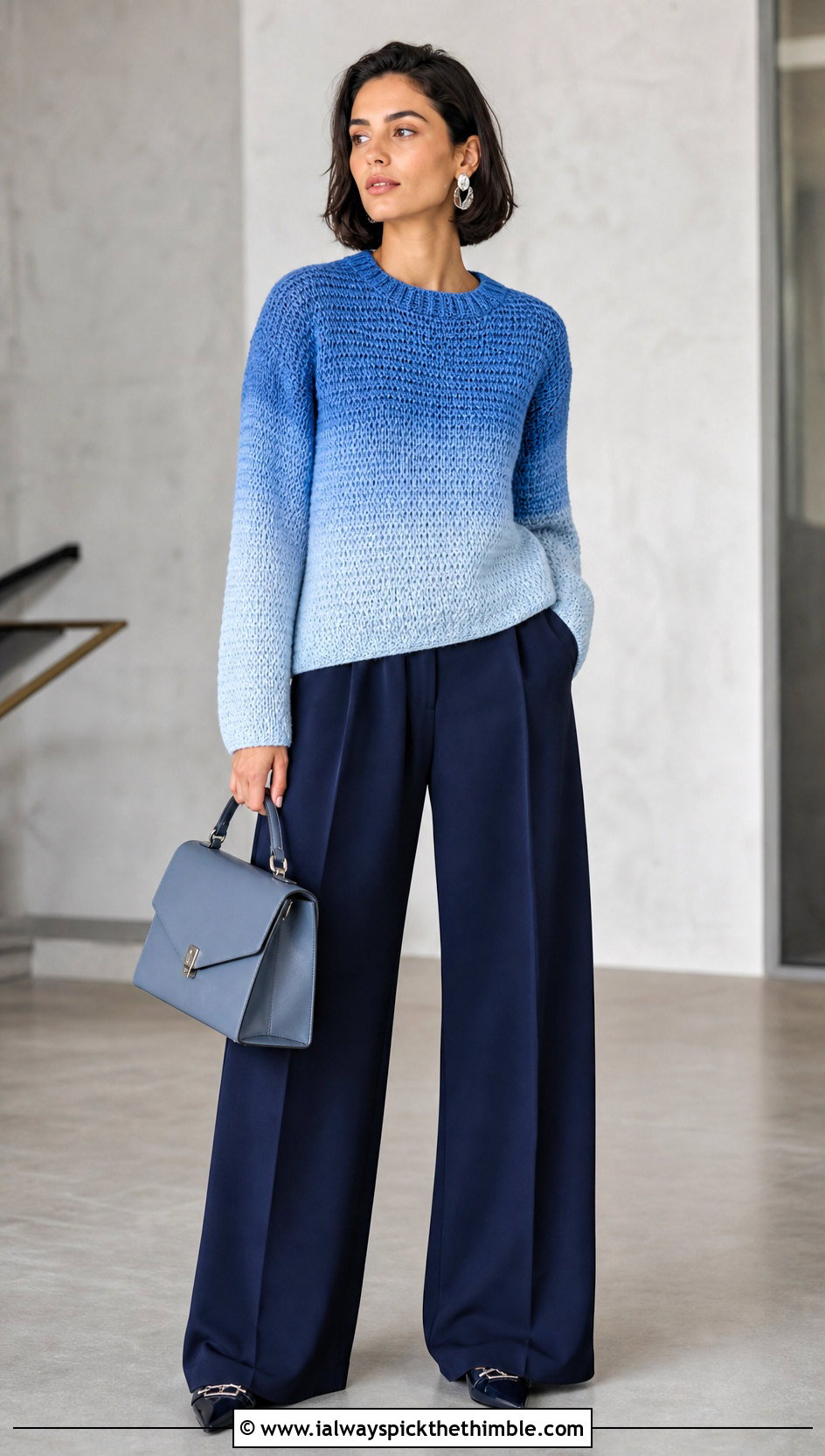 Tunisian Ombre Pullover With Tailored Wide Leg Pants - 20 Tunisian Crochet Pullover outfit ideas