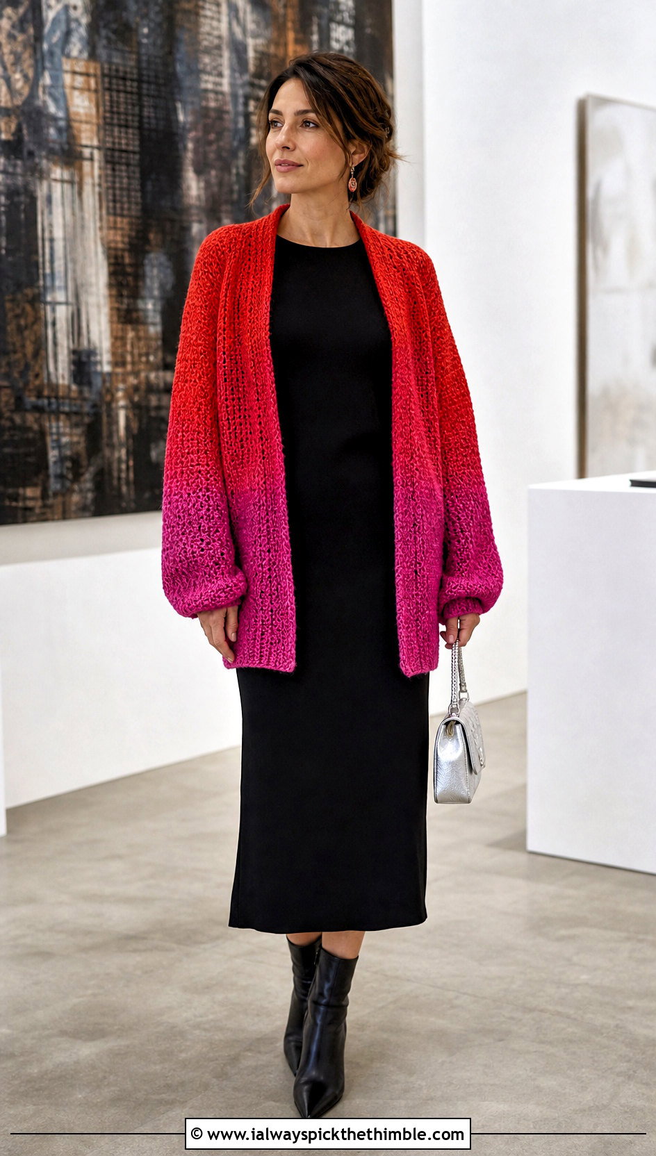Tunisian Ombre Sweater With Black Midi Dress - 25 tunisian crochet sweater outfit ideas