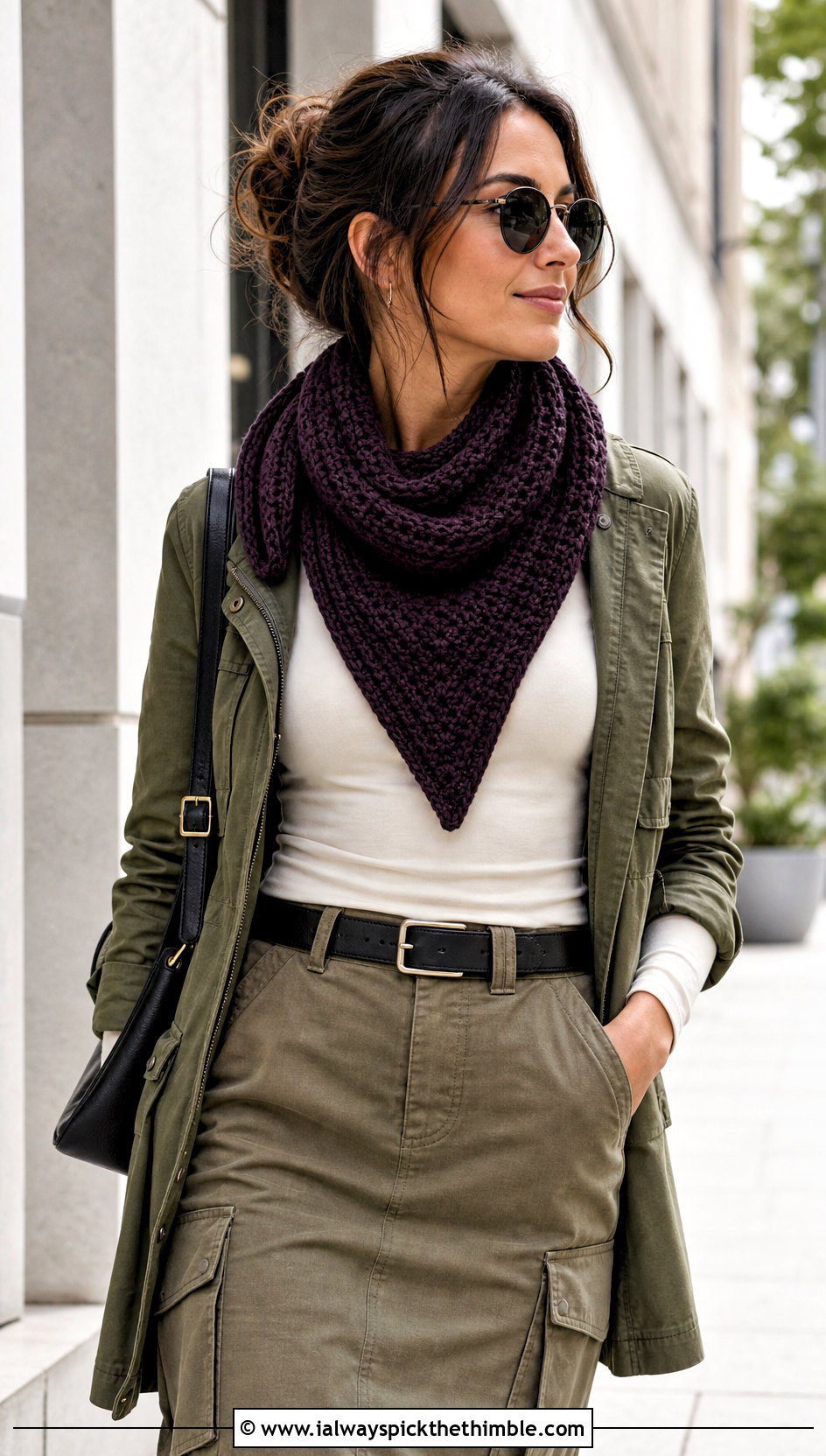 Tunisian One Skein Triangle Crochet Scarf With Utility Jacket - 15 One Skein Triangle Crochet Scarf outfit ideas