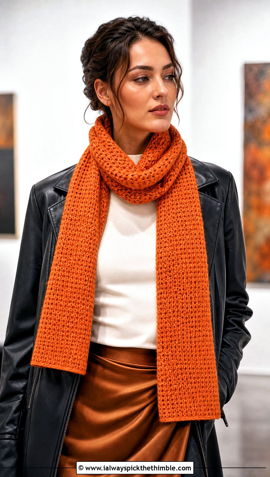Tunisian Pencil Crochet Scarf With Leather Jacket - 20 Pencil Crochet Scarf outfit ideas