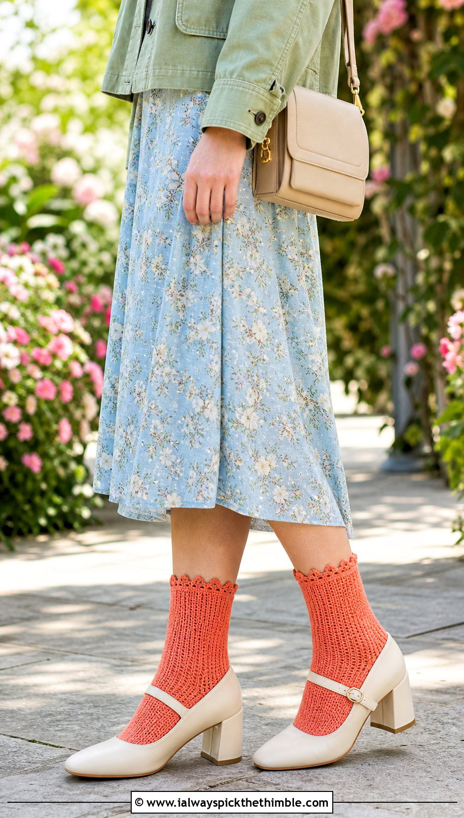 Tunisian Picot Cuff Socks With Floral Midi Dress And Mary Janes - 25 tunisian crochet socks outfit ideas