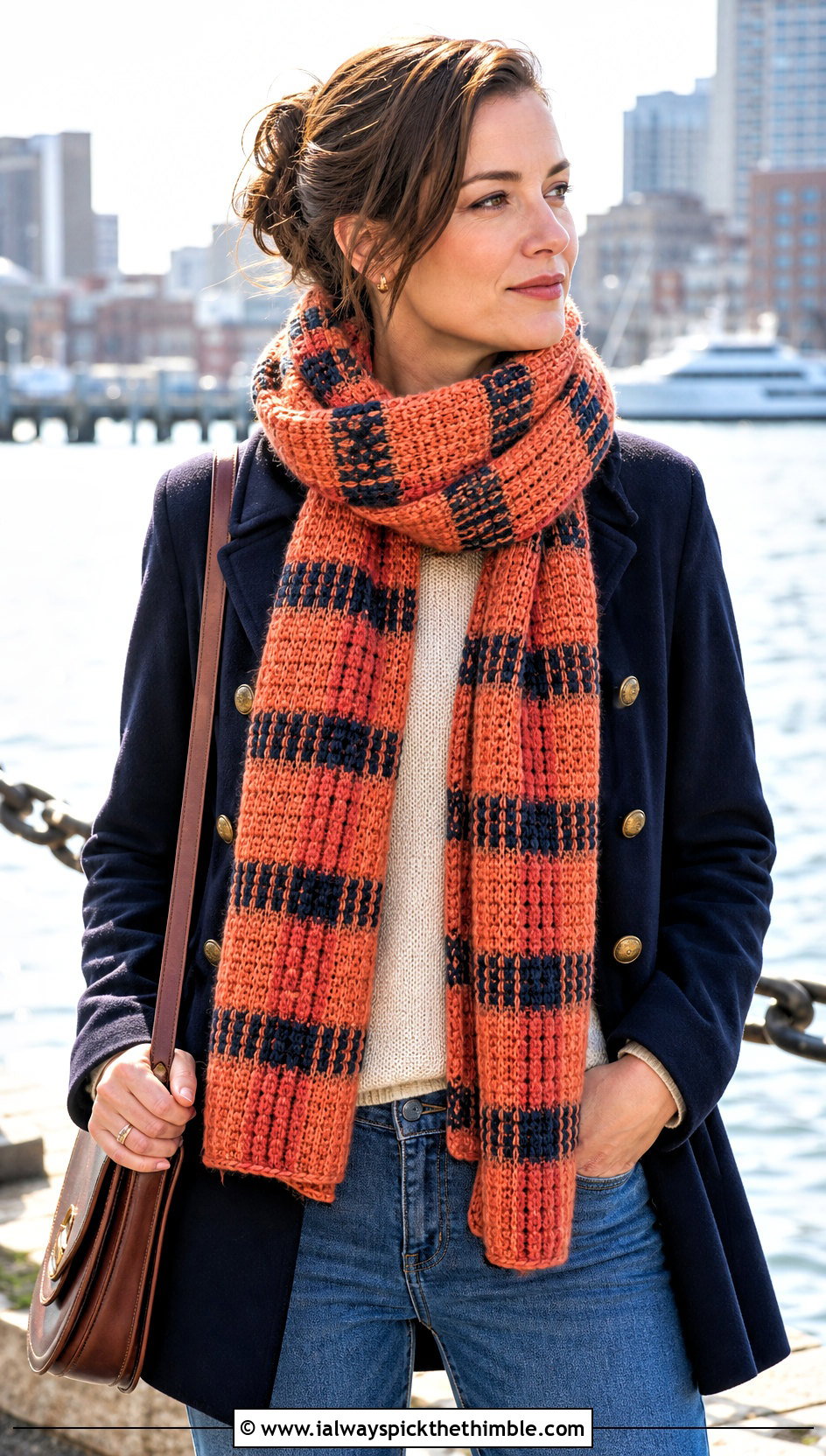Tunisian Plaid Scarf With Peacoat And Straight Jeans - 25 tunisian crochet scarf outfit ideas