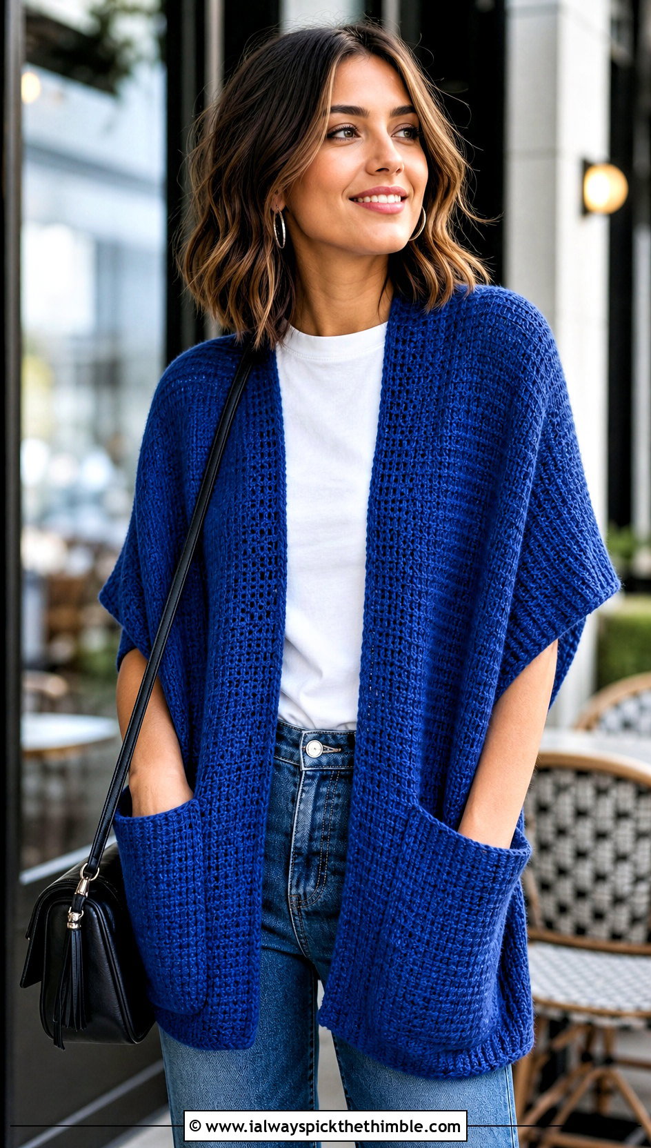 Tunisian Pocket Crochet Shawl With Straight Leg Jeans - 15 Pocket Crochet Shawl outfit ideas